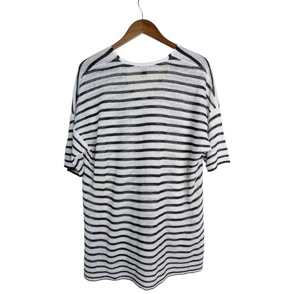 Eileen Fisher Organic Linen Crepe Striped V Neck Tee Top Medium Black White - Picture 6 of 10